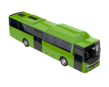 Beyaz arkaplanda izole edilmiş yeşil bir otobüsün 3 boyutlu görüntüsü.