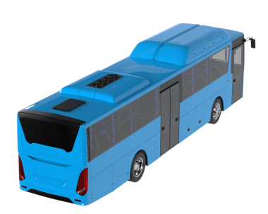 Uzun gölgeli mavi çift katlı otobüs