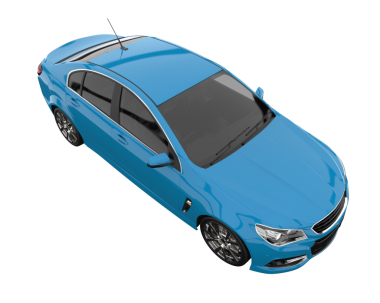 Beyaz arkaplanda izole edilmiş mavi bir arabanın 3 boyutlu görüntüsü
