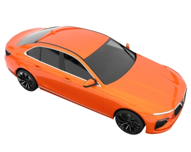 Beyaz arka planda izole edilmiş gerçekçi turuncu araba. 3D görüntüleme - ön görünüm