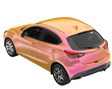 Karanlık bir stüdyoda turuncu bir arabanın 3 boyutlu görüntüsü.