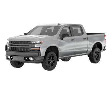 Siyah arka planda beyaz bir kamyonet var.