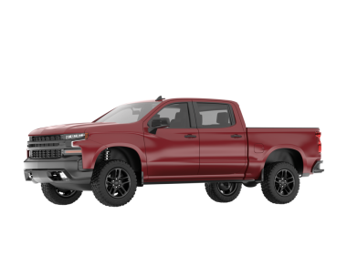 Beyaz arka planda siyah gövdeli kırmızı bir kamyonet. 3d oluşturma