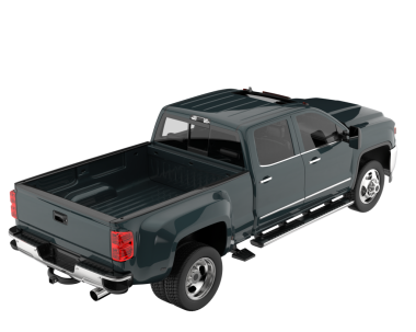 Kırmızı römorklu siyah bir kamyonet.