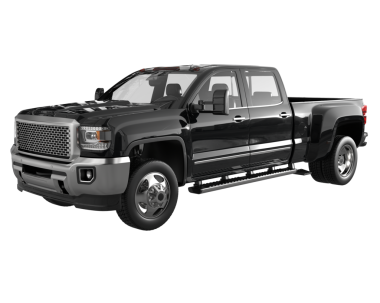 Siyah römorklu beyaz bir kamyonet.