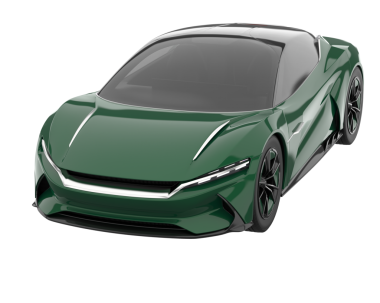 Beyaz arkaplanda yeşil renkli 3D renkte bir araba.