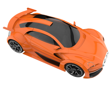 Turuncu spor arabanın gerçekçi 3 boyutlu görüntüsü beyaz arka planda izole edilmiş. 3 boyutlu illüstrasyon. Gölge yok