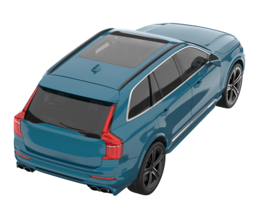 Beyaz arkaplanda izole edilmiş mavi bir arabanın 3 boyutlu görüntüsü.