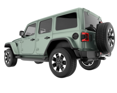 Siyah arka planı ve yansıması olan yeşil bir cip. 3d oluşturma