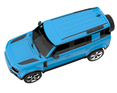 Siyah arka planda mavi araba manzarası izole edilmiş. 3d illüstrasyon.