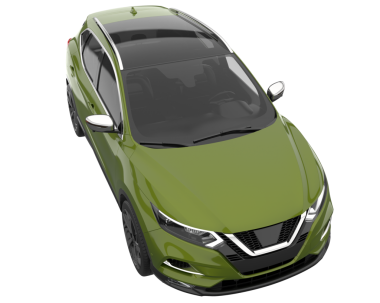 Beyaz arka planda yeşil yapraklı modern bir araba..