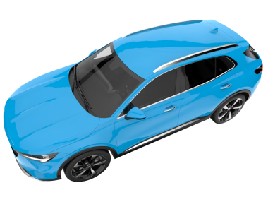 Beyaz arka planda mavi bir araba, 3 boyutlu.