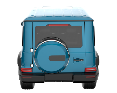 Beyaz zemin üzerinde izole edilmiş mavi çifte arabanın 3D görüntülemesi