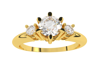 Üç boyutlu altın nişan yüzüğü, beyaz arka planda izole edilmiş.