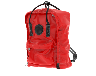 Kırmızı ceketli sırt çantası.