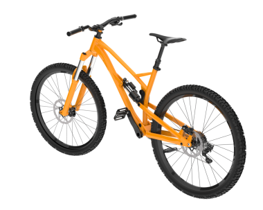 Beyaz arka planda beyaz tekerlekleri olan turuncu dağ bisikleti