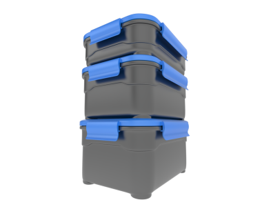 Siyah üzerine izole edilmiş mavi plastik kutunun 3 boyutlu çizimi