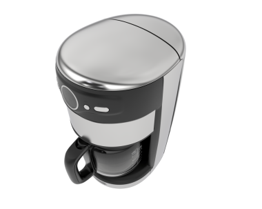 Beyaz arka planda izole edilmiş beyaz saplı siyah bir kahve makinesi.