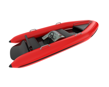 Siyah arka planda siyah plastik saplı kırmızı şişme tekne. 3d oluşturma