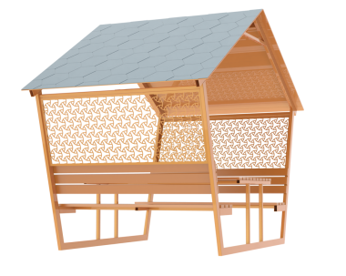 Üç boyutlu modern ahşap bir ev, beyaz arka planda gölgeli izole edilmiş.