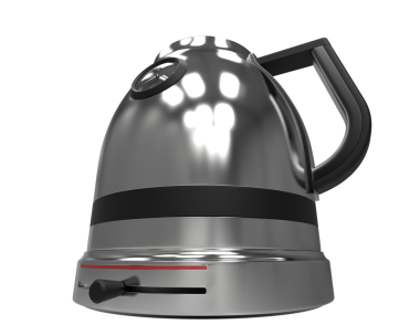 Beyaz zemin üzerinde izole edilmiş siyah çelikli çaydanlık 3 boyutlu.