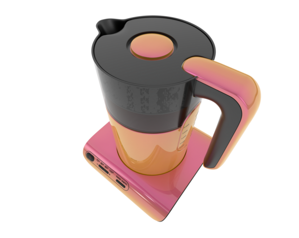 Beyaz arka planda bir fincan çay ile modern kahve makinesi.