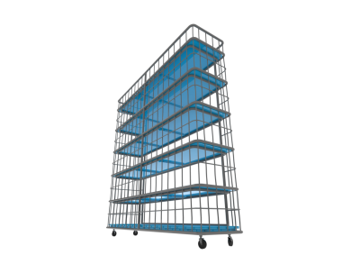 Mavi metal askılı metal raf. 3d oluşturma