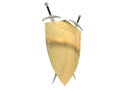 Beyaz arka planda izole edilmiş altın kalkanlı bir kılıcın 3 boyutlu görüntüsü