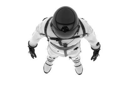 Beyaz arka planda siyah takım elbiseli astronot..