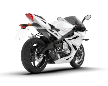 Yoldaki beyaz motosiklet, beyaz arka planda 3 boyutlu izole edilmiş.