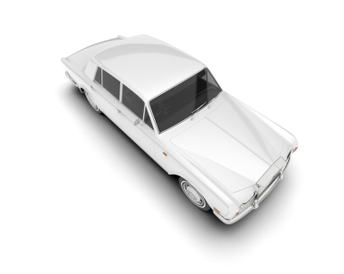 Beyaz arka planda izole edilmiş beyaz klasik araba. 3D çizim. yüksek çözünürlük