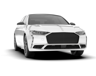 Beyaz arka planda beyaz modern lüks bir araba. Ön manzara. 3D görüntüleme, illüstrasyon.