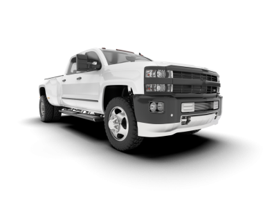 Siyah kamyonetli beyaz bir kamyonet.