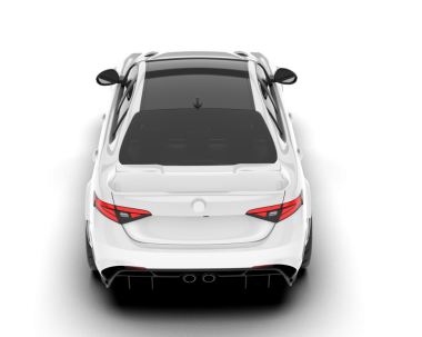 Beyaz arka planda beyaz beyaz pankartı olan modern beyaz bir araba. Ön manzara. 3d oluşturma.