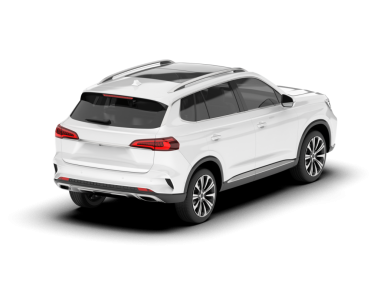 Beyaz arka planda izole edilmiş gerçekçi beyaz SUV arabası. 3d illüstrasyon