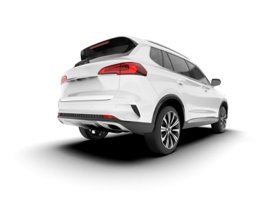 Beyaz arka planda beyaz, modern bir araba. 3d oluşturma