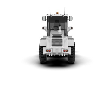 Siyah zemin üzerinde izole edilmiş beyaz bir traktörün 3 boyutlu görüntülenmesi