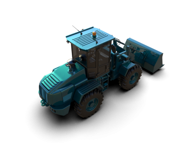 Siyah arkaplan üzerinde koyu arkaplan olan yansıtıcı bir traktörün 3 boyutlu canlandırması