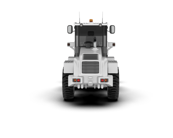 Siyah zemin üzerinde izole edilmiş beyaz bir traktörün 3 boyutlu görüntülenmesi