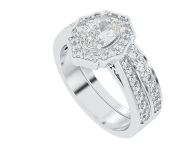 Beyaz altın nişan elmasının üç boyutlu resmi. Yüzüğü siyah bir grupta.