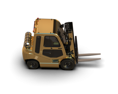 Siyah arka planda uzun bir gölgesi olan modern sarı forklift. 3d oluşturma