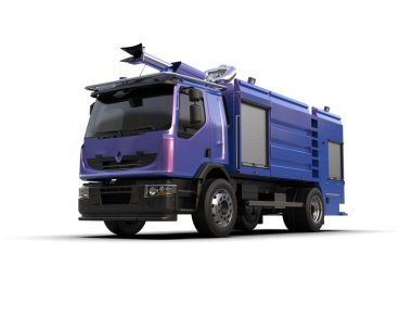 Gri arka planda kargo taşımak için karavanı olan modern mavi ticari bir kamyon. 3 Boyutlu Hazırlama