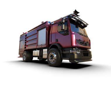 Esmer arka planda itfaiye kamyonu olan modern ticari teslimat kamyonu