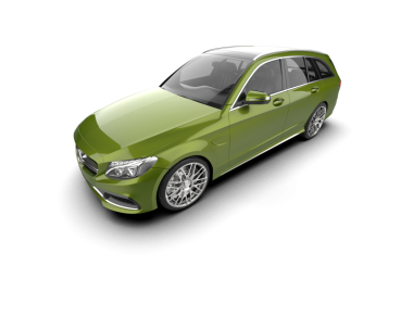 Beyaz arka planda yeşil bir arabanın 3 boyutlu canlandırması