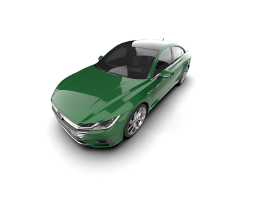 Beyaz arka planda yeşil bir araba. 3d oluşturma