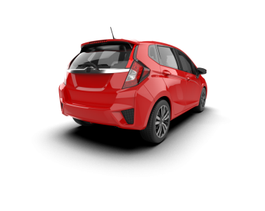 Gri arka planda beyaz ekranı olan kırmızı kompakt bir araba. ön görünüm, 3 boyutlu illüstrasyon