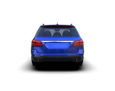 Mavi araba beyaz arka planda izole edilmiş, 3 boyutlu görüntüleme.