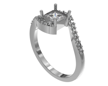 Beyaz zemin üzerinde elmaslar olan gümüş nişan yüzüğünün üç boyutlu resmi