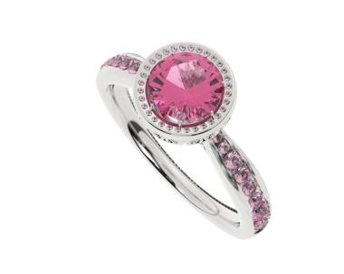 Siyah arka planda pembe elmaslı bir yüzük. 3 boyutlu illüstrasyon. 3d oluşturma