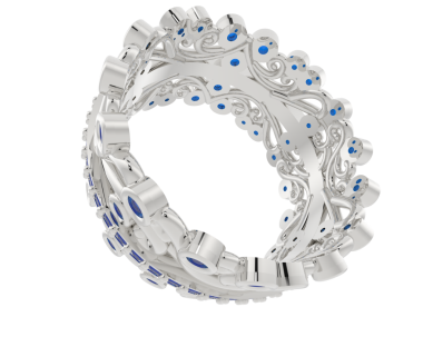 Beyaz arkaplanda izole edilmiş elmaslarla gümüş yüzük. 3 boyutlu.